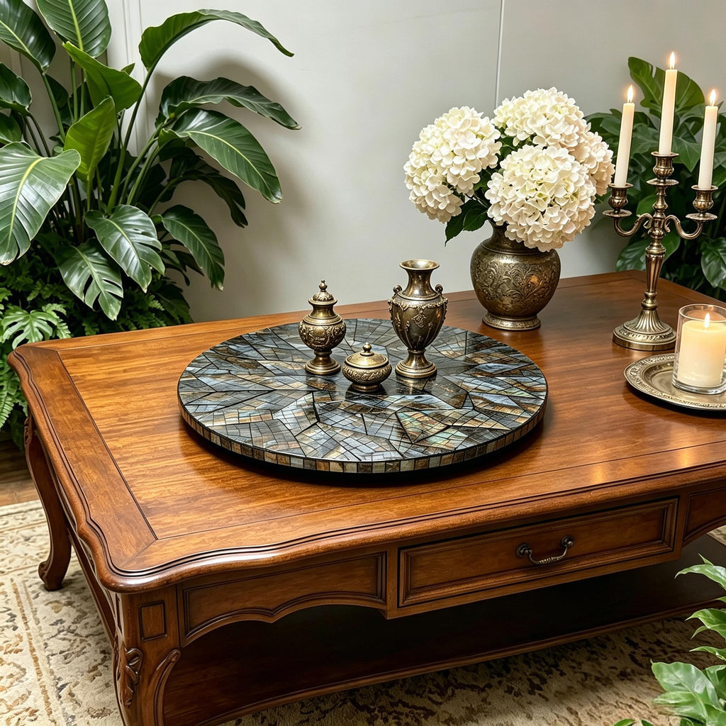 2-Piece Black Mother-of-Pearl Lazy Susan & Tissue Box Cover Set